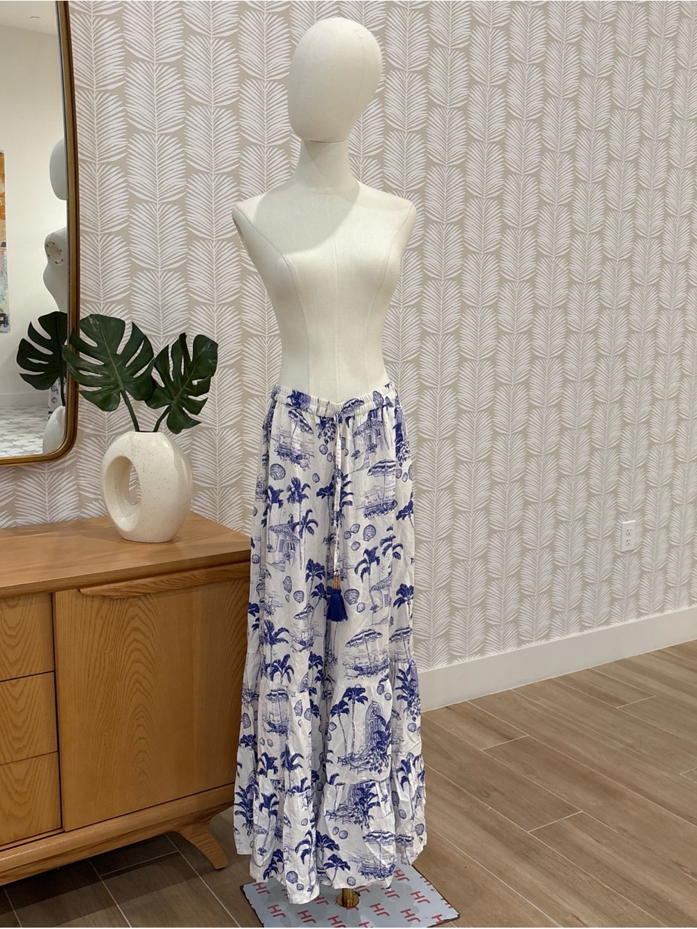 Blue & White Wide Leg Printed Palazzo Pants with Tassel Drawstring